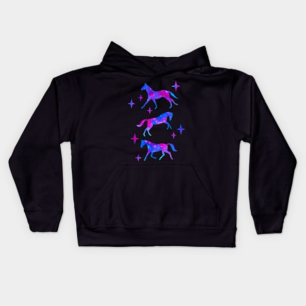 Nebula Watercolor Horses (Black Background) Kids Hoodie by illucalliart